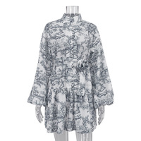 Robe courte personnalisée à imprimé encre chinoise pour femme, manches bouffantes, col mandarin, laçage, style vintage