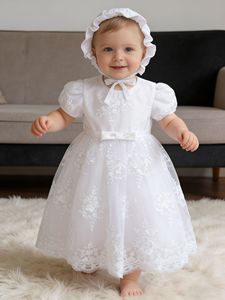 Nuovi Arrivi: Abito da Battesimo per Bambina con Cappellino, <span class=keywords><strong>Vestito</strong></span> Bianco Ricamato in Tulle per Cerimonia Principessa - Product Image 1