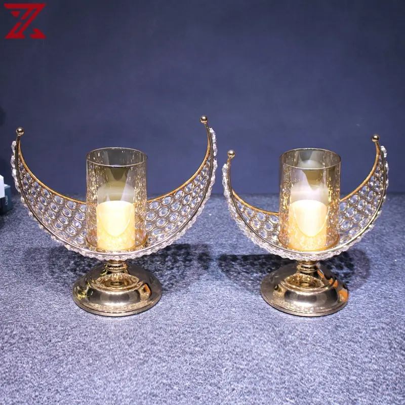 New Design Moon Candlestick Luxury Gold Plating K9 Crystal Hollow Metal Candelabra For Wedding Decorations