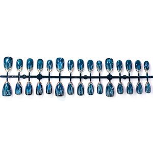 Lot de 30 faux <span class=keywords><strong>ongles</strong></span> à presser en amande, effet œil de chat <span class=keywords><strong>bleu</strong></span> <span class=keywords><strong>ciel</strong></span> étoilé, avec détails dorés français raffinés, pour un look transfrontalier explosif - Product Image 4