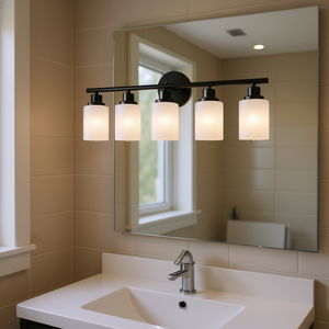 Applique murale moderne à 5 lumières pour salle de bain, 31 pouces, en verre dépoli blanc, cadre en fer noir, éclairage intérieur à intensité variable - Product Image 2