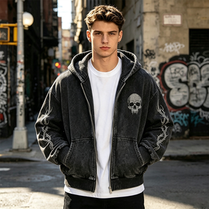 Sweat-shirt à capuche oversize pour homme, broderie tête de mort, streetwear, veste zippée, manches classiques, coton French Terry, vêtement d'automne - Product Image 6