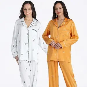 Роскошная Домашняя одежда DEBELA 2023, дизайнерская одежда для сна с длинным рукавом и принтом, Женская шелковая пижама из 2 предметов, Женский комплект для сна