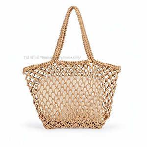 New Simple Hand-Woven Two-Strap Zip Closure Canvas Women's Beach Vacation Daily Leisure Cotton Rope <b>Net</b> Pocket <b>Bag</b> Tanjing - Product Image 1