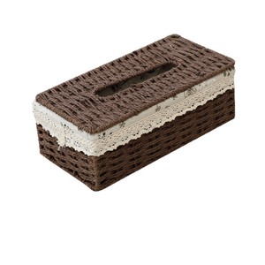 Caja de pañuelos personalizada para escritorio, caja de almacenamiento de pañuelos de mimbre estilo hogar, cesta de almacenamiento simple con tapa. - Product Image 5