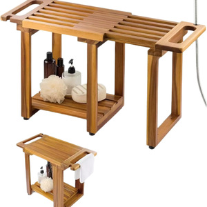 Wooden Bathroom Stool With <b>Storage</b> Shelf Foldable <b>Shower</b> Seat Adjustable Size For Bathtub Use - Product Image 1