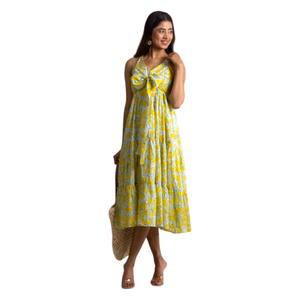 Yellow Daisy Print Cami Dress For Women <b>Three</b> Tier With Bow Tie Detail And Flared Hem For Stylish Casual Summer Fashion Wear - Product Image 1