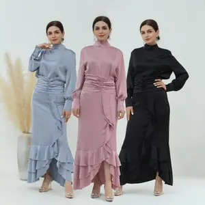 Wholesale Solid Color 2PCS Abaya Dress Set Top And Skirt Simple Premium High Neck Pleated Slimming Ruffled Muslim Suit
