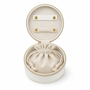 Eco Friendly Vegan PU Round Travel Jewelry Organizer Flip Top Zipper Jewellery <b>Box</b> with Inner Drawstring Bag for Rings <b>Earrings</b> - Product Image 2