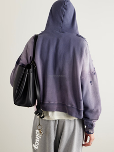 Blouson à capuche zippé vintage personnalisé effet délavé, double couche gaufrée, coupe oversize et usée pour homme - Product Image 2