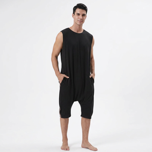 Combinaison sans manches unisexe à col rond, noire unie, respirante, 100% coton, shorts longueur genou, fermetures éclair, vêtements de sport simples, coupe adulte - Product Image 1