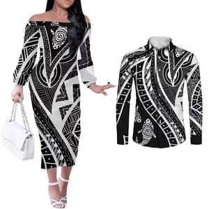 Polynesische Tribale Bijpassende Outfits Voor Koppels Lange Mouwen Off Shoulder Jurk En Shirt Set Met Eiland Patroon Lage Moq - Product Image 2
