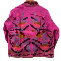 Blouson bomber réversible en velours tricoté brodé Suzani rose, style vintage hippie, respirant, en lin, pour l'automne et l'hiver