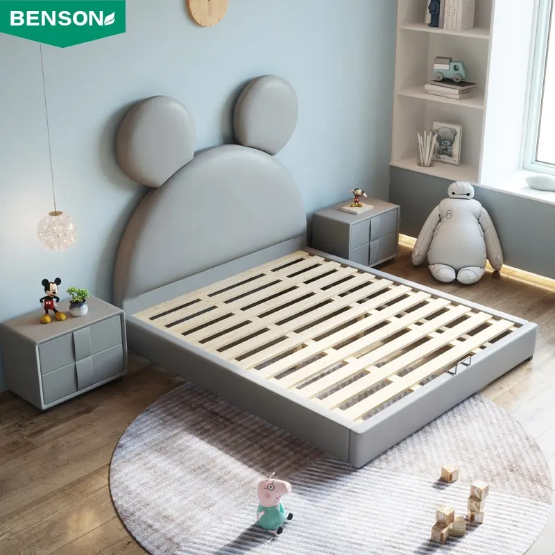 Holzrahmen Luxus Kinder Prinzessin Schlafzimmer möbel nordischen klassischen King Size Kinder sicherheit moderne Schönheit Leder bett mit Box