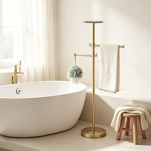 Porte-serviettes sur pied en acier inoxydable 304 avec étagère, rangement pour baignoire, mobile - Product Image 3