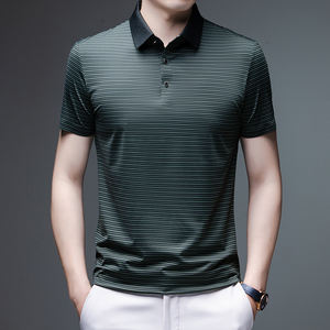 T-shirt à manches courtes en soie de glace froide hommes d'été d'âge moyen et personnes âgées sans couture rayé demi-manche chemise revers sweat nouveau - Product Image 1