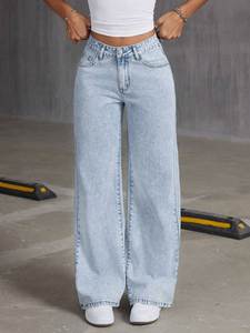 Pantalones Vaqueros Rectos Azul Cielo Transpirables para Mujer, Cintura Media, Lavado Oscuro, Estilo Vintage, Casual, Sexy, para Uso Diario, Primavera, Verano, Club, 100% Algodón - Product Image 5