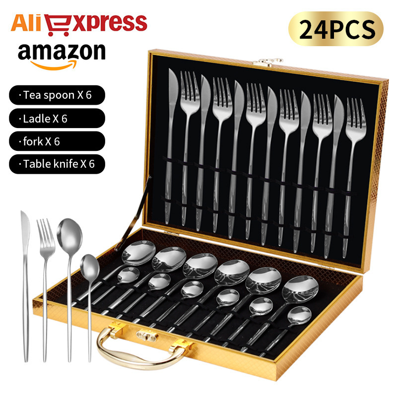 24pcs Custom Logo Eco-Friendly Modern Restaurant Tableware Flatware Spoon Fork Knife Wedding Cubiertos Gold SS304 Stainless Set · image 2