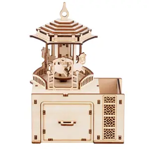 Wooden Jigsaw 3D Stereo Carousel Clockwork Octave Music Box Pen Holder