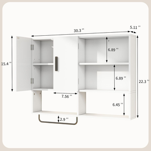 Armoire murale <span class=keywords><strong>blanche</strong></span> pour salle <span class=keywords><strong>de</strong></span> bain avec 2 portes, étagères réglables, barre <span class=keywords><strong>porte</strong></span>-serviettes, rangement au-dessus des toilettes pour cuisine et buanderie - Product Image 2