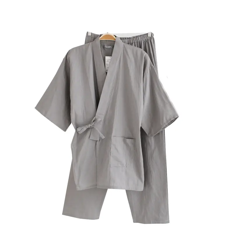 जापानी वसंत और गर्मियों में पुरुषों की किमोनो पजामा कपास डबल परत धुंध ढीला बागे सूट मध्यम लंबी आस्तीन बाथरोब