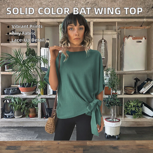 เสื้อยืดแขนทรงปีกค้างคาวสีพื้นแบบใหม่สำหรับฤดูร้อน แต่งชายเสื้อผูกปม ทรงหลวมสำหรับผู้หญิง แฟชั่นสไตล์ลำลอง ผ้าถัก - Product Image 2