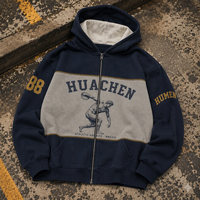 Sweat à capuche zippé personnalisé en molleton épais 500 GSM pour homme, impression sérigraphique, fermeture éclair bidirectionnelle, color block, style streetwear vintage, OEM ODM, marque privée