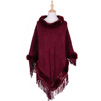 Poncho en tricot rayé pour femme MIO, col roulé, imitation cachemire, avec franges, doux, garni de fausse fourrure, idéal pour l'hiver