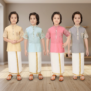 ชุดผ้าดอตีสำหรับเด็กผู้ชาย ผ้าแองกาวาสตรัม ชุดพื้นเมืองอินเดียแบบดั้งเดิม สำหรับงานดิวาลี งานแต่งงาน ทรงปกติ ความยาวระดับข้อเท้า ผ้าไม่ยับ พิมพ์ลายดิจิทัล - Product Image 1