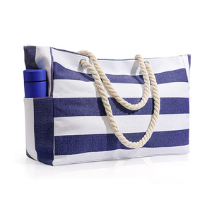 2023 poche étanche fermeture éclair grand été femmes toile rayé plage <span class=keywords><strong>sac</strong></span> fourre-tout avec fantaisie coton corde poignée - Product Image 1