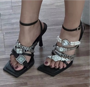 Scarpe da Festa per Donne, Nuova Moda Estiva, Sexy <span class=keywords><strong>Tacchi</strong></span> <span class=keywords><strong>Neri</strong></span> Trendy con Orologio Dorato, <span class=keywords><strong>Tacchi</strong></span> Firmati per Donne - Product Image 4