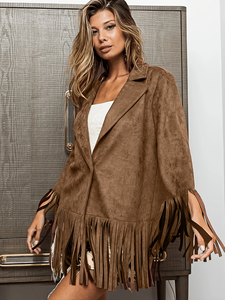 Women Western Polyester Turn-down Collar Tassel <b>Fringe</b> Blazer <b>Jacket</b> Single Button Plus Size Autumn Outerwear - Product Image 1
