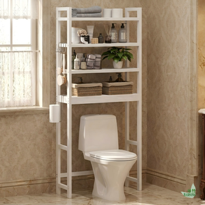 Étagère de rangement pour salle de bain en bambou, finition blanche, style décontracté, 4 niveaux ouverts avec crochets latéraux - Product Image 1