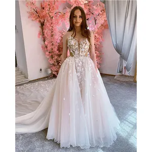 Кружевное свадебное платье-трапеция без рукавов с v-образным вырезом, 3D аппликацией, кристаллами и бусинами, свадебное платье со съемным длинным шлейфом