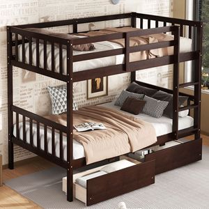 Childrens Bunk Bed Dark Solid Wood With <b>Drawers</b> <b>Storage</b> Bedroom Furniture For Kids And Adults - Product Image 1