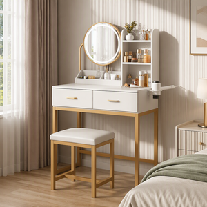 Table de maquillage moderne avec miroir <span class=keywords><strong>LED</strong></span> rond, tiroirs, étagère de rangement et tabouret, bureau de coiffure pour chambre à coucher - Product Image 5