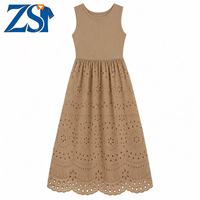 Robe longue décontractée Zesheng pour femme, en coton écologique, sans manches, avec dentelle ajourée, style bohème, coupe trapèze, fluide, avec poches
