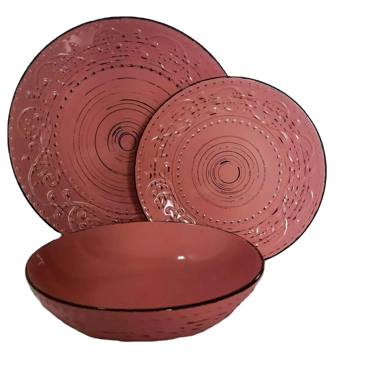 12pcs/18pcs stoneware embossed flower red Dinnerware Sets