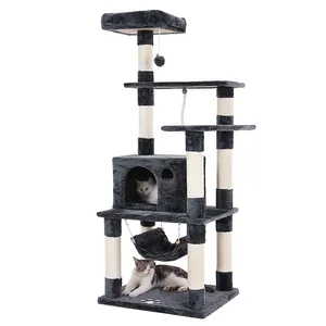 Rascador para gatos de fábrica, árbol para gatos de varios niveles de 143 cm de alto con <span class=keywords><strong>4</strong></span> postes para rascar, 2 plataformas, hamaca, cueva - Product Image 1