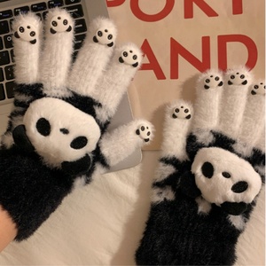 女性用冬暖かい毛皮かわいいジャカードタッチスクリーンニットフルフィンガーグローブ3Dパンダデコレーション - Product Image 6