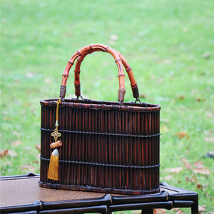 Handmade Bamboo Woven Tote Bag Solid Color Distressed Finish Women's <b>Beach</b> Bag Tea Set Storage <b>Accessory</b> - Product Image 4