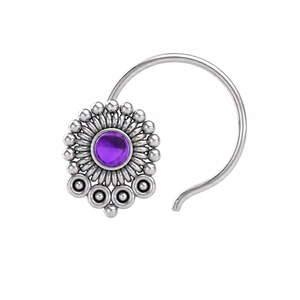Bijou ethnique indien fait main en argent sterling 925 avec fleur et améthyste, clou de nez à sertissage en coupelle, pour femmes et jeunes filles - Product Image 1
