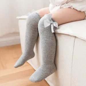 Korean Fashion For Spring Summer Solid Color Ribbon Bow Princess Stockings Breathable Cotton Knee High Baby Socks Casual Style