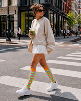 Chaussettes hautes à carreaux colorées pour femmes, chaussettes longues élastiques et douces, chaussettes élégantes à motif à carreaux pour un usage quotidien et le sport