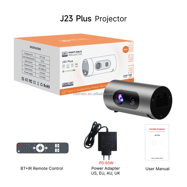 New Design Smart Projector Android 14 Native 720P 4K Supported HIFI Stereo WiFi 6 Auto Focus Portable Type-C Charging