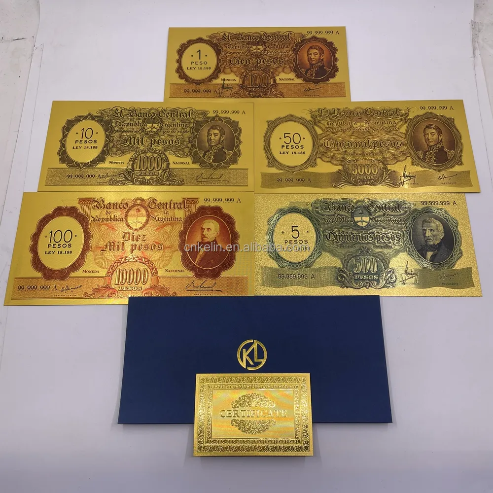 Custom Argentina 1 5 10 50 100 Ars Plastic 24k Gold Plated Foil Banknote