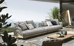 Modern otel basit Set açık avlu balkon Handwoven halat alüminyum çerçeve kanepe katı ahşap veranda tik dış mekan mobilyası