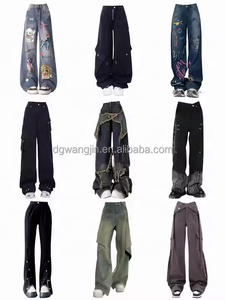 Pantalones informales transpirables con botones de lavado oscuro a la moda de verano para mujer, pantalones vaqueros de pierna ancha holgados, patrón sólido desgastado para otoño - Product Image 4