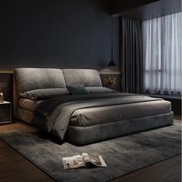 Lit double rembourré moderne italien minimaliste avec cadre en bois et rangement intégré, design oreilles d'éléphant