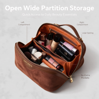 Trousse de Maquillage de Luxe en Cuir PU Effet Daim Grande Capacité, Trousse de Toilette de Voyage Professionnelle avec Compartiments pour Pinceaux Marron